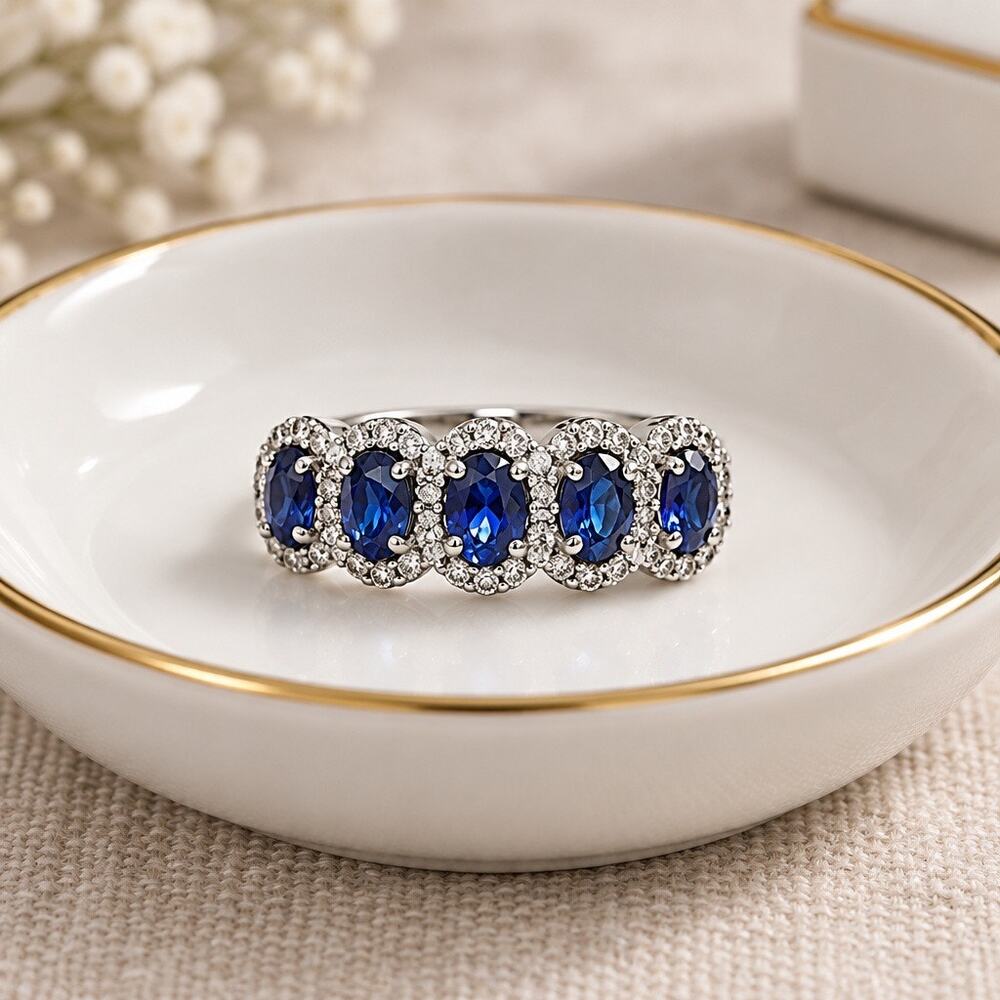 Solid 10K White Gold Five-Stone Blue Sapphire Classic Anniversary Band